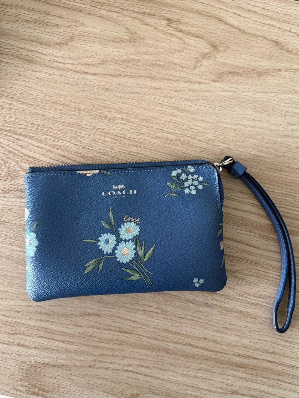 Coach Navy Blue Floral Wristlet Pouch